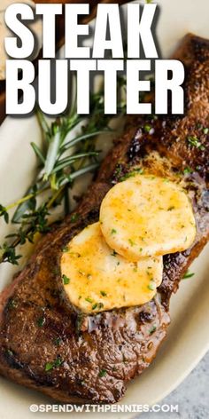 steak butter on a white plate with herbs