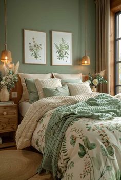 a bedroom with green walls and white bedding, two framed pictures on the wall