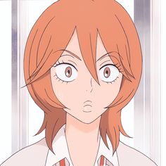 an anime character with red hair and brown eyes looking at the camera while standing in front of a window