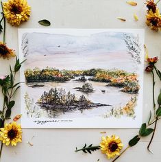 a watercolor painting of a lake surrounded by sunflowers and other wildflowers