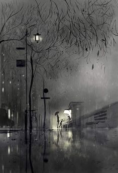 two people walking in the rain with umbrellas and street lights on either side of them