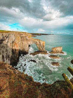 an ocean cliff with waves crashing against the rocks