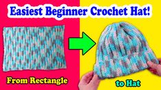 the crochet hat is shown with an arrow pointing to it