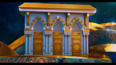 an artistic rendering of a building made out of gold and blue material with intricate details