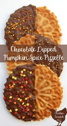 chocolate dipped pumpkin spice pretzels with sprinkles on top and the words, chocolate dipped pumpkin spice pretzels