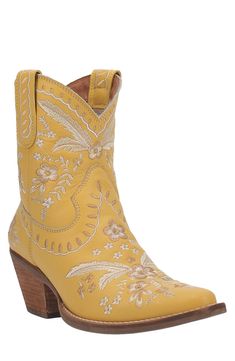 Intricate embroidery details the leather upper of a Western-style boot elevated on a short block heel. 2 1/2" heel 7 1/2" shaft Removable insole Leather upper/textile lining/synthetic sole Imported Yellow Cowgirl Boots, Yellow Cowboy Boots, Ankle Cowgirl Boots, Narrow Calf Boots, Womens Knee Boots, Dingo Boots, Womens Duck Boots, Leather Western Boots, Pink Boots