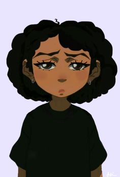 a drawing of a girl with big eyes and curly hair, wearing a black shirt