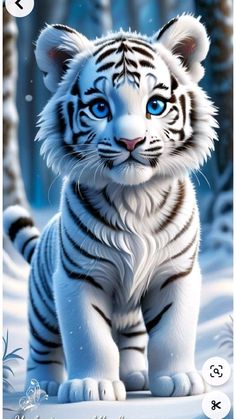 a white tiger with blue eyes standing in the snow