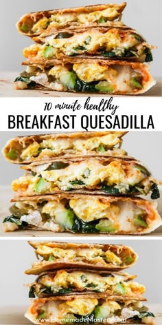 an image of breakfast quesadilla stacked on top of each other