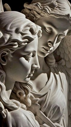 two white statues with angel wings next to each other, one holding the other's head