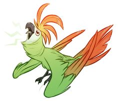 a green bird with orange feathers flying through the air on it's back legs