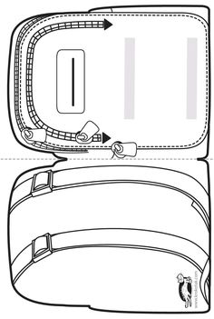 an open suitcase is shown in black and white with arrows pointing to the top left