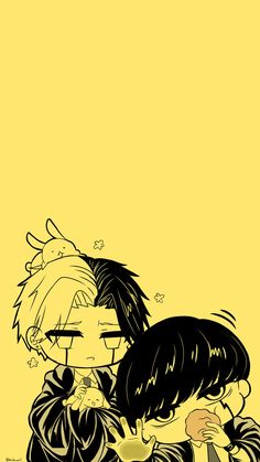 two anime characters are hugging each other in front of a yellow background with black and white lines