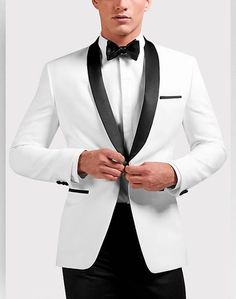 White Tuxedo Wedding, Fit Dinner, White Wedding Suit, White Tux, Black And White Suit, Mens Wearhouse, Groom Tuxedo, White Tuxedo, Dinner Jacket