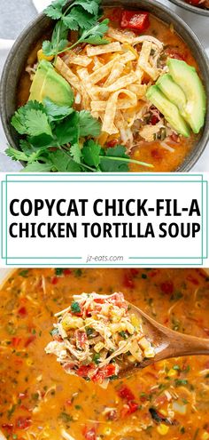 chicken tortilla soup in a bowl and on a wooden spoon Chick Fil A Tortilla Soup Recipe, Chick Fil A Tortilla Soup, Creamy Chicken Noodle Soup Recipe, Low Calorie Soup Recipe, Chicken Salad Chick, Best Chicken Recipe