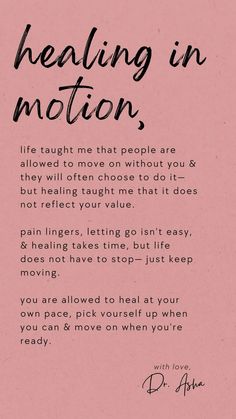 a poem written in black ink on pink paper with the words,'healing in motion '