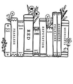 a black and white line drawing of books with flowers on the top, in front of them