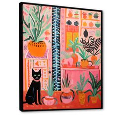 a painting on the wall with a black cat sitting in front of potted plants