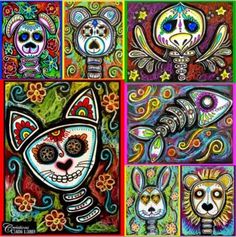 several colorful paintings with cats and skulls on them