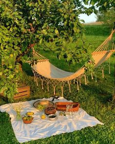 a hammock is set up in the grass with food and drinks on it