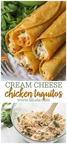 some food that is on a plate and in a bowl with the words cream cheese chicken taquitass