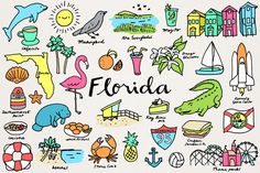 the word florida is surrounded by various colorful images and things that are drawn on paper