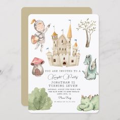 a birthday card with an illustration of children's toys and castle on the front