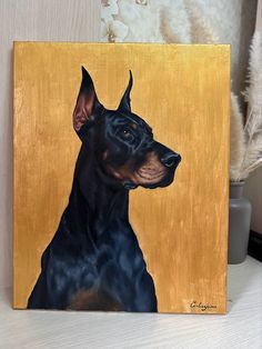 a painting of a black and tan doberman on a yellow background with white fur