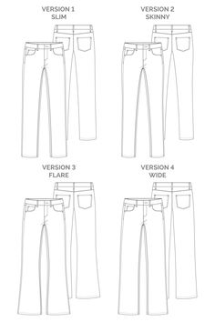 four different types of pants with the measurements for each pair and how to measure them