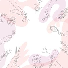 hand drawn flowers and gardening utensils arranged in a circle on a pink background