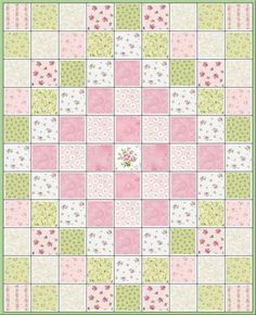 a pink and green patchwork quilt with white flowers on the center, surrounded by small squares