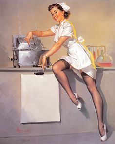 a painting of a woman cooking on the stove with her legs spread out and feet in the air