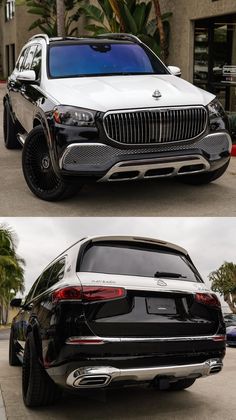 the front and side view of a black mercedes suv with chrome rims on it