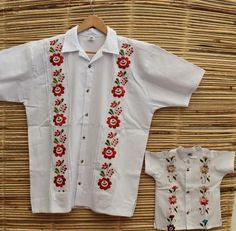 set for Dad and son!Guayabera for dad  and child  each set includes 1 guayabera for dad1 guayabera and short for child Bautizo Ideas, Fiesta Birthday Party, Ideas Decoracion, Matching Family Shirts, Dad And Son, Mexican Embroidery, Boho Dresses Long, Fiesta Birthday, Family Shirts Matching