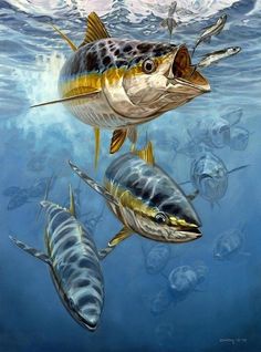 a painting of fish swimming in the ocean with other fish around them and one is eating something