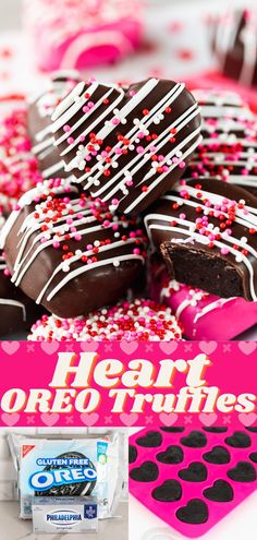 Chocolate-covered heart shaped Oreo truffles decorated with red and pink sprinkles. Heart Shaped Oreo Truffles, Heart Oreo Truffles, Valentines Day Recipes Desserts Easy, Chocolate Desserts For Valentines Day, Valentine Dipped Oreos, Homemade Chocolates For Valentines Day