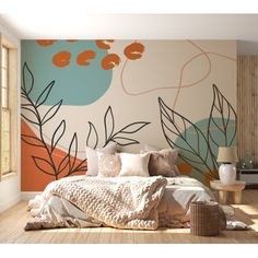 a bed sitting in a bedroom next to a wall with flowers painted on the walls