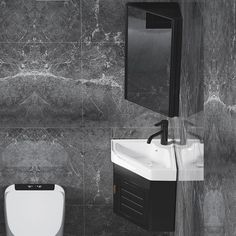 a black and white photo of a bathroom with a sink, mirror and toilet paper dispenser