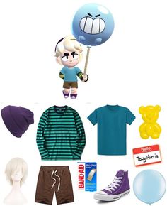 an assortment of clothing and accessories including a t - shirt, beanie hat, teddy bear toy, balloon, headbands, socks, shoes, and other items are arranged on a white background