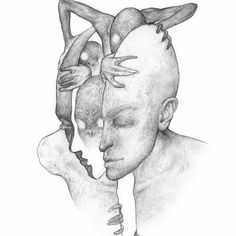 a pencil drawing of two people with their heads touching each other