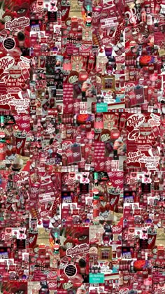 a collage of red and white pictures with words on them, all over the image