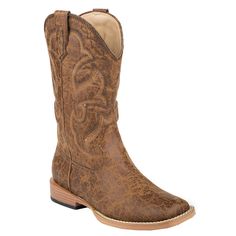 This brown wide square toe boot from Roper features a vintage faux leather upper, faux leather bottom, padded insole for added comfort, western stitch design on shaft, and tan all-over upper. $67.95 Kids Boots Boys, Brown Casual Boots, Square Toe Cowboy Boots, Boots Mid Calf, Roper Boots, Faux Leather Boots, Boys Boots, Big Kid, Stitch Design