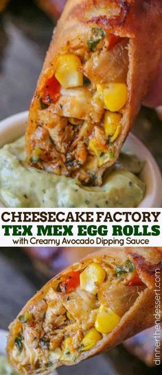 an egg roll with cheesecake factory tex mix egg rolls and creamy avocado dipping sauce