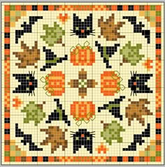 a cross stitch pattern with pumpkins, leaves and bats in the center on a white background