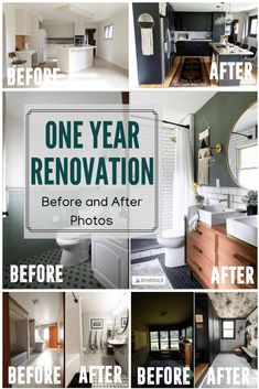 the before and after photos of a bathroom remodel in one year, with text overlay