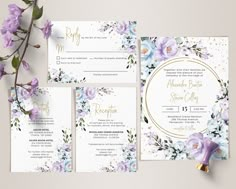 wedding stationery with purple flowers and gold foil