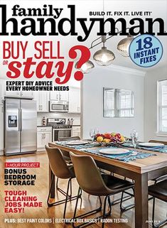 a magazine cover with an image of a kitchen and dining room table in the background