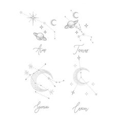 the stars and moon tattoos are drawn in pencil on paper, with writing underneath them