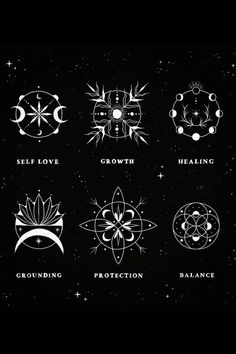 six different types of zodiac signs on a black background with stars and the words self love, growth, protection, balance