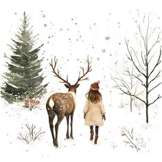 a painting of a girl walking in the snow next to a deer with antlers